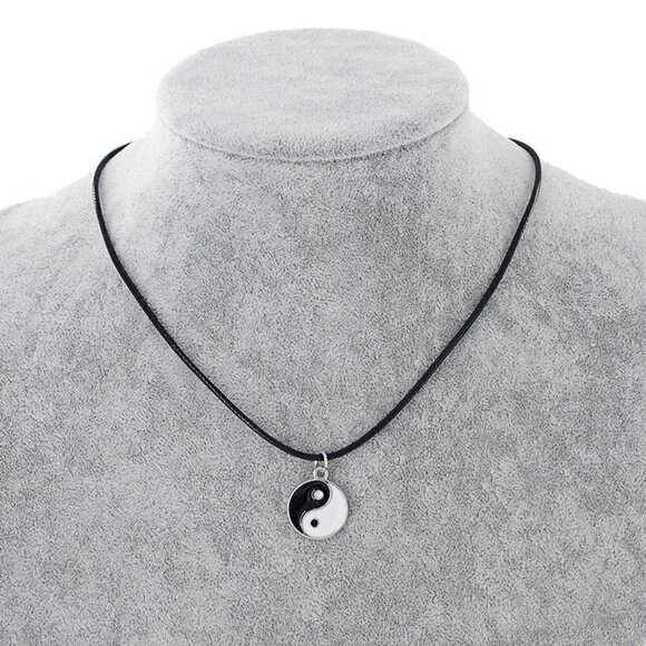 Zen Mindful Balance Yin Yang Black White Enamel Pendant Vegan Leather Necklace - Picture 1 of 5